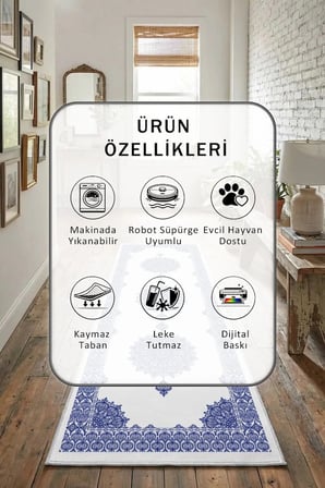Yıkanabilir Kaymaz Dolmabahçe Beyaz Lacivert Dijital Baskılı Yolluk Halı Tüy Tutmaz