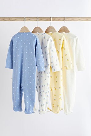 Next Baby Pamuklu Mavi Sarı Çiçek Desenli 4’lü Tulum Set