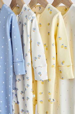 Next Baby Pamuklu Mavi Sarı Çiçek Desenli 4’lü Tulum Set