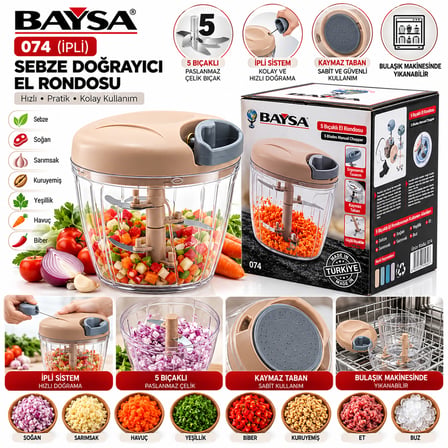 İpli 5 Bıçaklı Sebze Doğrayıcı - Kaymaz Taban, Paslanmaz Bıçak