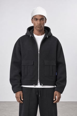 Erkek Cep Detaylı Panda Oversize Zip Siyah
