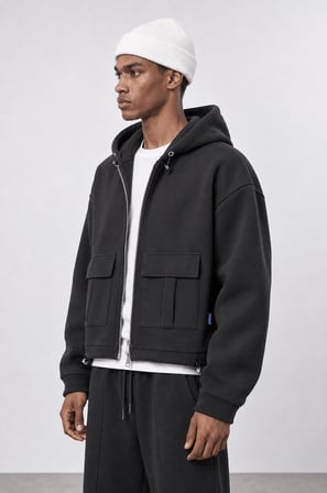 Erkek Cep Detaylı Panda Oversize Zip Siyah