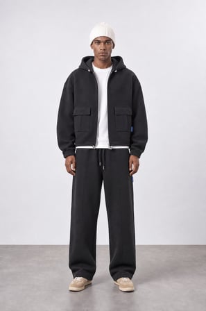Erkek Cep Detaylı Panda Oversize Zip Siyah