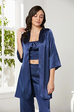 Pierre Cardin Saten 3'lü Crop'lu Kadın Pijama Takımı 2075 - Lacivert