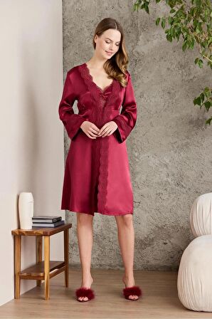 Pierre Cardin 6'lı Saten Gecelik Sabahlık Takım Çeyiz Seti 6010 - Bordo