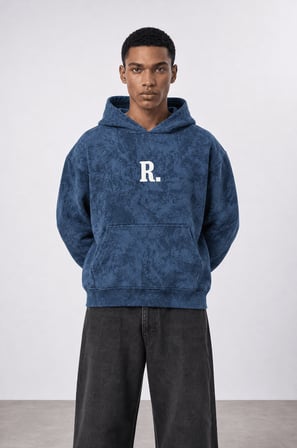 Erkek Revere Nakışlı Yıkamalı Oversize Hoodie Lacivert