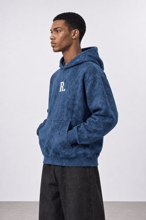 Erkek Revere Nakışlı Yıkamalı Oversize Hoodie Lacivert