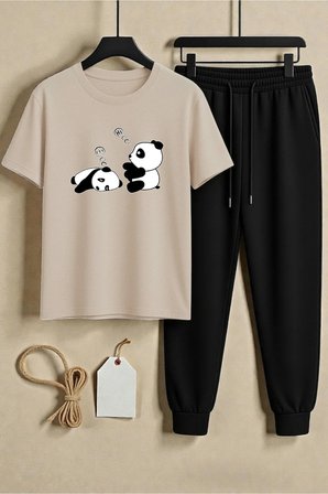 Unisex Sleep Panda Baskılı Tasarım Tişört - 2'li Eşofman Takımı