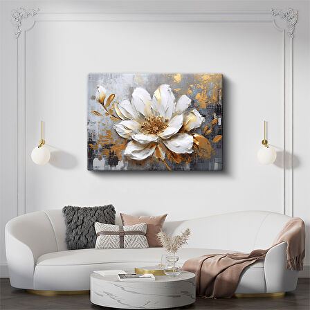 Altın Detaylı Beyaz Lotus Çiçeği Kanvas Tablo
