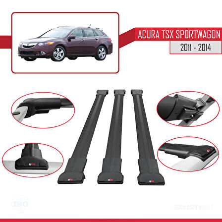 Acura TSX Sport Wagon 2011-2014 Arası ile Uyumlu FLY Model Ara Atkı Tavan Barı Siyah 3 Adet