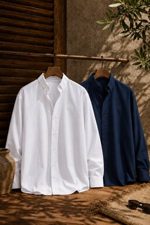 Erkek Minimal Baskılı Oversize Dokulu Gömlek 2'li Set Beyaz-Lacivert