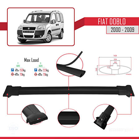 Fiat Doblo 2000-2009 Arası ile Uyumlu FLY Model Ara Atkı Tavan Barı Siyah 2 Adet