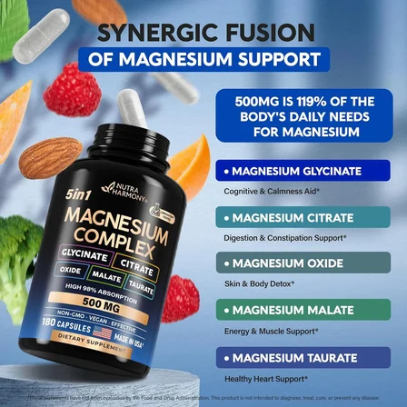 Magnesium 5-in-1 Complex | Glycinate, Citrate, Oxide, Malate & Taurate 500 mg 180 Capsules