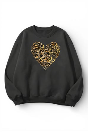 Unisex Yumuşak Dokulu Leopar Kalp Baskılı Tasarım Oversize 3 İplik Bisiklet Yaka Sweatshirt