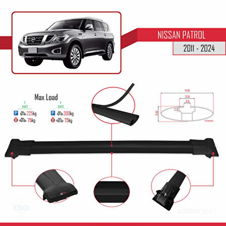 Nissan Patrol 6 (Y62) 2011-2024 Arası ile Uyumlu FLY Model Ara Atkı Tavan Barı Siyah 3 Adet