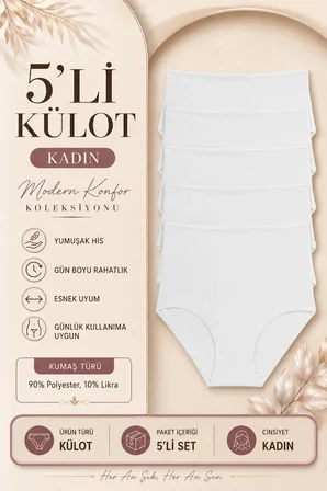 Kadın Külot Ekstra Yüksek Bel Lazer Kesim Esnek Iz Yapmayan 5 li Paket Polyester BEYAZ
