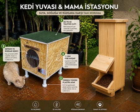 Kedi mama istasyonu bir adet kedi yuvası bir adet su yalıtımlı hazır monteli gönderilmektedir