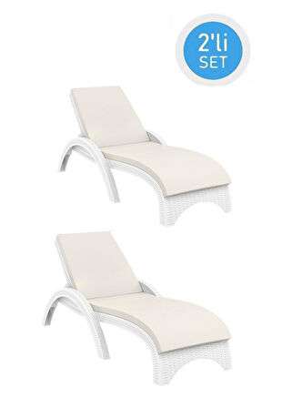 Omnipazar TRK-860 Siesta Fiji Bej Minderli Rattan Desenli Ayarlanabilir Lüks Şezlong Beyaz 2'li Set 