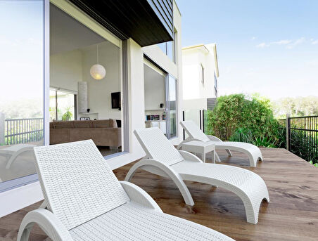 Omnipazar TRK-860 Siesta Fiji Bej Minderli Rattan Desenli Ayarlanabilir Lüks Şezlong Beyaz 2'li Set 