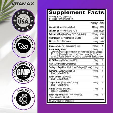 Alpha Lipoc Acid+MSM+Magnesium+Arnica+Turmeric+B6+B9+glucosamine 60 Kapsül