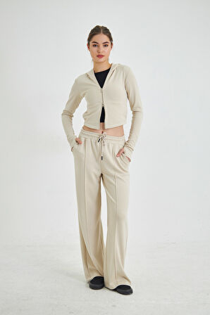 Fermuarlı Kapüşonlu Sweatshirt ve Geniş Paça Özel Dikim Pantolon Modal Kumaş