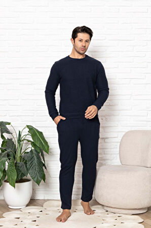 Erkek Bisiklet Yaka Düğmesiz Kışlık Waffle Pamuklu Kumaş Uzun Manşetli Kol Cepli Pijama Takımı 