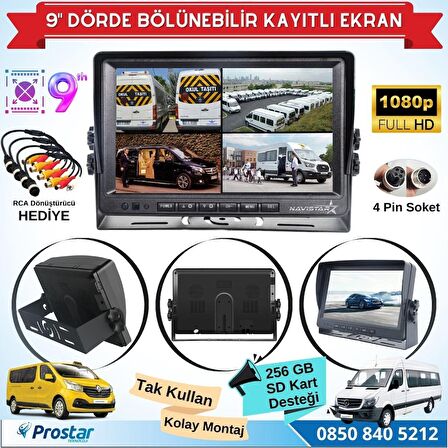 9 inç Kayıtlı Dörde Bölünür Monitör 256GB SD Destekli 4 Kamera Takılabilir 4 Pin Soketli