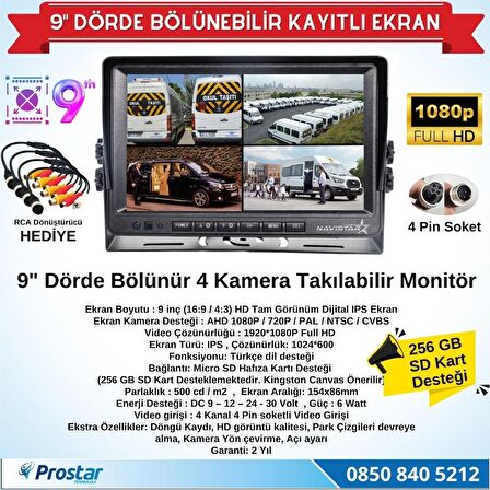 9 inç Kayıtlı Dörde Bölünür Monitör 256GB SD Destekli 4 Kamera Takılabilir 4 Pin Soketli