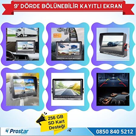 9 inç Kayıtlı Dörde Bölünür Monitör 256GB SD Destekli 4 Kamera Takılabilir 4 Pin Soketli