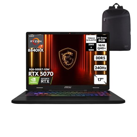 MSI Crosshair A17 Ryzen 7-8840HX 40-GBDDR5 4 TBSSD RTX5070 17" QHD+ Windows 11 Pro + HMF Sırt Çantası D8WGKG-044XTRHMF24