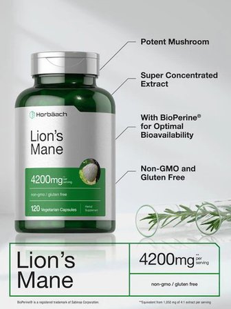 Lion's Mane 4200 mg 120 Veg Bioperine Black Pepper Extract Capsules non-gmo / gluten free