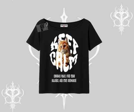 Keep Calm Yazılı Kedi Baskılı Streetwear Kayık Yaka Tshirt