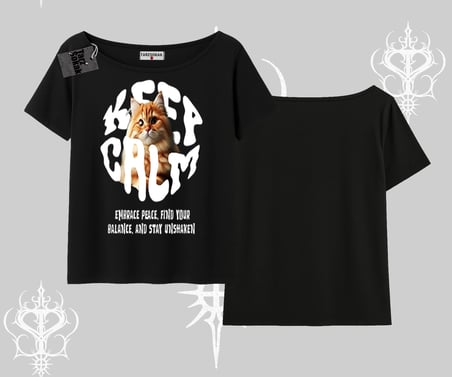 Keep Calm Yazılı Kedi Baskılı Streetwear Kayık Yaka Tshirt