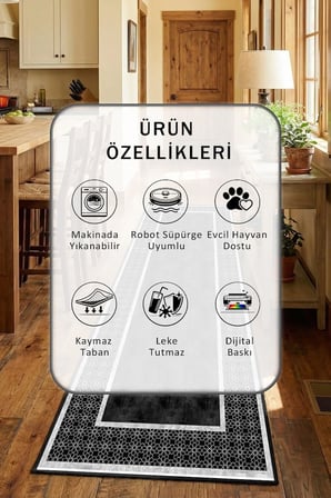 Siyah Mutfak Halısı Yıkanabilir Kaymaz Leke Tutmaz Dijital Baskı