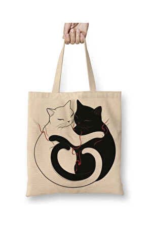 Aşk Kediler Blazing Cat Love Beyaz Bez Çanta Uzun Saplı Alışveriş Çantası Plaj Çantası