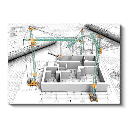İnşaat Vinçleri ve 3D Bina Projesi Kanvas Tablo