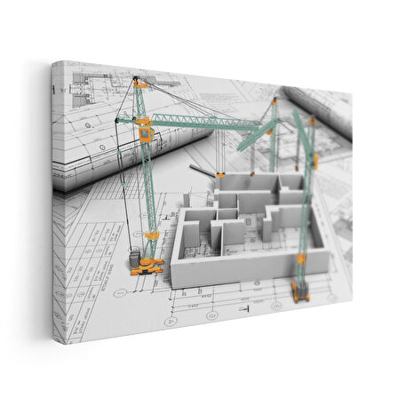 İnşaat Vinçleri ve 3D Bina Projesi Kanvas Tablo