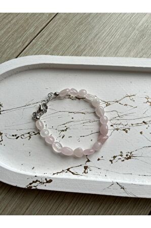 Pembe Kuvars Oval Doğal Taş Bileklik