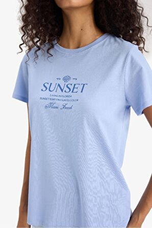 Regular Fit Bisiklet Yaka Slogan Baskılı Penye Kısa Kollu Tişört