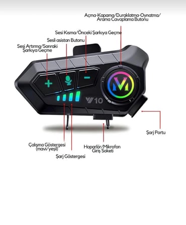 Y10 Bluetooth 5.3 Motosiklet Kask Kulaklığı Intercom RGB Işıklı IPX6 Su Geçirmez 1000mAh