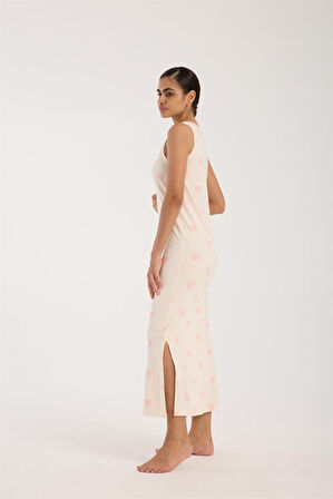 Celira Kadın Kalın Askılı Yırtmaçlı Uzun Pudra Gecelik