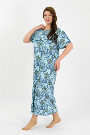 Celira Kadın Büyük Beden Kısa Kol Mavi Anne Gecelik