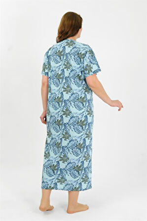 Celira Kadın Büyük Beden Kısa Kol Mavi Anne Gecelik