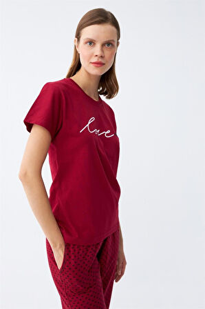 Celira Kadın Bordo Kalp Desenli Kapri Pijama Takımı NSL078