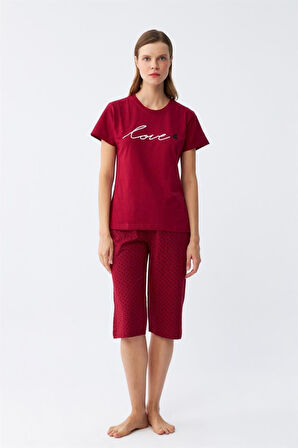 Celira Kadın Bordo Kalp Desenli Kapri Pijama Takımı NSL078