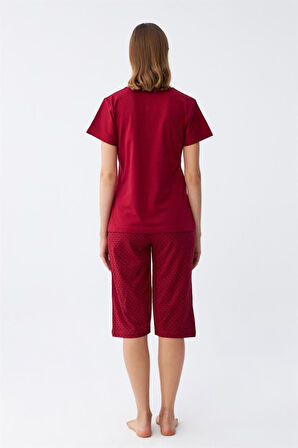 Celira Kadın Bordo Kalp Desenli Kapri Pijama Takımı NSL078