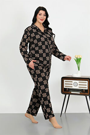 Celira Kadın Büyük Beden Pamuklu Cepli Düğmeli Siyah Pijama Takım