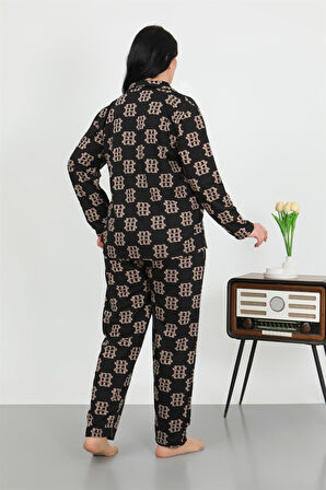 Celira Kadın Büyük Beden Pamuklu Cepli Düğmeli Siyah Pijama Takım