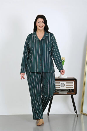 Celira Kadın Büyük Beden Pamuklu Cepli Düğmeli Petrol Pijama Takım
