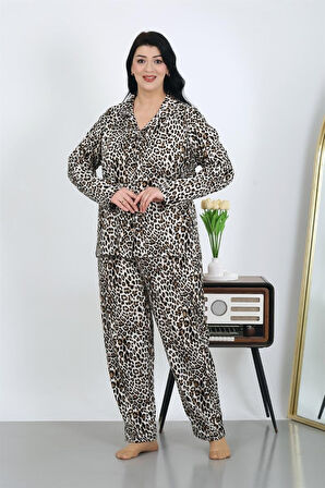 Celira Kadın Büyük Beden Pamuklu Cepli Düğmeli Kahve Pijama Takım